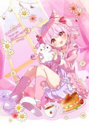 Rule 34 | absurdres, animal-themed food, animal ear fluff, animal ears, animal slippers, bloomers, blush, bow, braid, bunny slippers, cardigan, cat ears, cat girl, cat tail, commission, coro chosatai, cup, drink, ear ribbon, earrings, flower, food, food-themed earrings, food themed earrings, fruit, hair ribbon, head tilt, highres, holding, holding stuffed toy, hooded cardigan, indie virtual youtuber, jewelry, long sleeves, looking at viewer, makako (yume bouei shoujo tai), mug, open mouth, pajamas, pancake, pink hair, plate, rabbit-shaped pupils, red eyes, ribbon, short hair, sitting, skeb commission, slippers, smile, socks, strawberry, strawberry earrings, stuffed animal, stuffed rabbit, stuffed toy, symbol-shaped pupils, tail, two side up, underwear, virtual youtuber