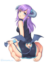 Rule 34 | 1girl, ass, back, barefoot, blush, breasts, chestnut mouth, clothing cutout, demon girl, feet, full body, hair between eyes, head tilt, long hair, looking at viewer, low wings, original, pelvic curtain, pointy ears, sasaame, simple background, sitting, soles, solo, tail, tail through clothes, thigh strap, toes, white background, wings