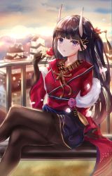 Rule 34 | 1girl, azur lane, bench, black gloves, black hair, brown pantyhose, building, candy apple, crossed legs, food, gloves, hair ornament, hairclip, hairpin, highres, holding, horns, lens flare, long hair, looking at viewer, miniskirt, noshiro (azur lane), noshiro (uncharted festival grounds?) (azur lane), one side up, outdoors, panipo, pantyhose, purple eyes, red shirt, shirt, sitting, skirt, solo, sunlight, tassel, thighband pantyhose, wide sleeves, x hair ornament