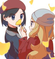 Rule 34 | 1boy, 1girl, beanie, beret, black hair, blonde hair, blue eyes, calem (pokemon), closed mouth, creatures (company), eyes visible through hair, fingernails, game freak, grey hat, hand up, hat, highres, holding, holding leaf, leaf, long hair, long sleeves, looking at another, nail polish, nintendo, omochi (omotimotittona3), pokemon, pokemon xy, red hat, serena (pokemon), short hair, simple background, smile, white background, yellow nails