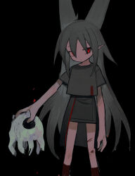 Rule 34 | 1girl, black background, black skirt, closed mouth, creature, expressionless, feet out of frame, glowing, glowing eyes, grey hair, grey shirt, hair ears, hair over one eye, half-closed eyes, highres, holding, holding creature, injury, kokaki mumose, long hair, looking at viewer, original, pointy ears, raised eyebrows, red eyes, red socks, scratches, shirt, short sleeves, sideways glance, simple background, skirt, socks, solo, very long hair