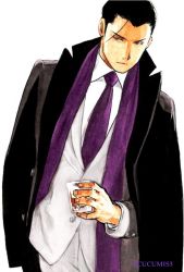 Rule 34 | 1boy, arm at side, black coat, black eyes, black hair, buttons, closed mouth, coat, coat on shoulders, collared shirt, cup, drink, drinking glass, expressionless, facing viewer, fingernails, formal, fullmetal alchemist, glass, hair slicked back, hair strand, highres, holding, holding cup, jacket, leaning to the side, male focus, necktie, open clothes, open coat, pants, purple necktie, purple shawl, roy mustang, shawl, shirt, sideways glance, simple background, suit, suit jacket, tsurime, twitter username, urikurage, white background, white jacket, white pants, white shirt, white suit
