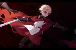 Rule 34 | 1boy, aged down, black footwear, black gloves, blonde hair, blue eyes, cape, dark background, dylan the island king, gloves, hiragi rin, holding, holding sword, holding weapon, male focus, pixiv fantasia, pixiv fantasia last saga, reaching, reaching towards viewer, red cape, simple background, solo focus, standing, sword, tunic, weapon