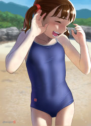 Rule 34 | 1girl, :d, ^ ^, artist logo, artist name, beach, blue one-piece swimsuit, blue sky, blurry, blurry background, brown hair, bush, closed eyes, collarbone, competition school swimsuit, covered navel, cowboy shot, day, depth of field, emblem, flat chest, hair tie, hands up, happy, highres, horizon, laughing, motion blur, mountainous horizon, mu-pyon, one-piece swimsuit, open mouth, original, outdoors, rock, sand, school swimsuit, short hair, short twintails, signature, skin tight, sky, smile, solo, standing, straight hair, swimsuit, taut clothes, taut swimsuit, teeth, tree, twintails, twitter username