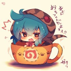 Rule 34 | 10s, 1girl, ^^^, blue hair, blush, bow, brown eyes, chibi, cup, hair between eyes, hood, hoodie, in container, in cup, japari symbol, kemono friends, looking at viewer, muuran, open mouth, pink bow, signature, snake tail, solo, striped clothes, striped hoodie, striped tail, sweat, tail, translation request, tsuchinoko (kemono friends), wavy mouth