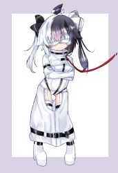 Rule 34 | 1girl, ahoge, bdsm, belt, black hair, blindfold, boots, bound, bound arms, breasts, collar, full body, garter straps, hair ribbon, highres, leash, multicolored hair, original, pigeon-toed, platform boots, platform footwear, ribbon, shrug (clothing), small breasts, solo, split-color hair, standing, straitjacket, thigh boots, twintails, two-tone background, two-tone hair, ushiro (nkinoko), white hair