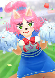 Rule 34 | animal ears, blush, cat, cat ears, cat girl, cheerleader, closed eyes, confetti, creepycrawly, fangs, furry, furry female, green pupils, highres, nose, open mouth, pink hair, pom pom (cheerleading), red ribbon, ribbon, short twintails, single eye, sleeping, summer camp island, susie sci, twintails