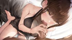 Rule 34 | 1girl, bare shoulders, barefoot, bed, blunt bangs, blush, breasts, brown hair, censored, cleavage, dress, embarrassed, eyebrows hidden by hair, feet, fellatio, from above, game cg, groin, highres, indoors, large breasts, legs, looking at another, mosaic censoring, oral, original, panties, penis, short hair, sidelocks, sitting, standing, sweat, thighs, underwear, waymay, yellow eyes