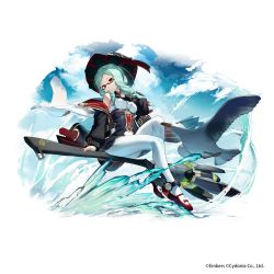Rule 34 | 1girl, adjusting eyewear, alternate costume, alternate hairstyle, ash arms, belt, bird, broom, broom riding, cloud, commentary request, full body, glasses, green hair, hat, highres, jacket, medium hair, official art, pantyhose, red eyes, scottie (phantom2), simple background, sky, sleeveless, solo, water, white background, witch hat