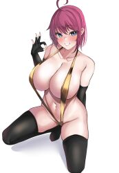 Rule 34 | 1girl, ahoge, alternate costume, bare shoulders, bikini, black gloves, black thighhighs, blue eyes, blush, breasts, collarbone, commentary request, elbow gloves, fellatio gesture, fingerless gloves, gloves, gold bikini, grin, gundam, gundam seed, gundam seed destiny, highres, huge breasts, large breasts, looking at viewer, lunamaria hawke, navel, purple hair, short hair, simple background, slingshot swimsuit, smile, solo, squatting, swimsuit, tf cafe, thighhighs, white background