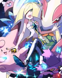 Rule 34 | bare shoulders, bewear, blonde hair, clefable, creatures (company), dress, game freak, gen 1 pokemon, gen 3 pokemon, gen 4 pokemon, gen 5 pokemon, gen 7 pokemon, green eyes, hair over one eye, high heels, holding, holding poke ball, lilligant, long hair, looking at viewer, lusamine (pokemon), milotic, mismagius, mur mu mu, nail polish, nintendo, open mouth, poke ball, pokemon, pokemon (creature), pokemon sm, teeth, ultra ball, upper teeth only, very long hair, white dress, yellow nails