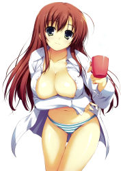 Rule 34 | 1girl, absurdres, breast hold, breasts, cleavage, collared shirt, cup, female focus, green eyes, hair between eyes, highres, large breasts, long hair, mug, open clothes, open shirt, panties, red hair, shirt, simple background, solo, striped clothes, striped panties, tomose shunsaku, underwear, white background