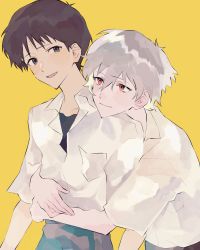 Rule 34 | 2boys, arms around waist, arms at sides, black eyes, black shirt, breast pocket, brown hair, closed mouth, collarbone, collared shirt, dress shirt, en (54650890), facing viewer, grey hair, hair between eyes, happy, head on another&#039;s shoulder, head rest, highres, hug, hug from behind, ikari shinji, jitome, leaning forward, leaning on person, light blush, light smile, looking at another, looking back, male focus, multiple boys, nagisa kaworu, neon genesis evangelion, open mouth, orange background, partially unbuttoned, pocket, red eyes, school uniform, shirt, short sleeves, simple background, tareme, uniform, white shirt, yaoi