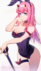 Rule 34 | 1girl, absurdres, animal ears, bare legs, black leotard, blue choker, blue eyes, breasts, choker, cleavage, closed mouth, collarbone, covered navel, darling in the franxx, fake animal ears, hairband, hand on hilt, highres, leotard, long hair, medium breasts, pink hair, playboy bunny, rabbit ears, smile, solo, staff, strapless, strapless leotard, thigh gap, thigh strap, very long hair, white hairband, xiao gu wang, zero two (darling in the franxx)