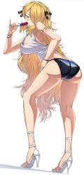 Rule 34 | 1girl, ass, bare shoulders, bikini, black bikini, blonde hair, breasts, creatures (company), cynthia (pokemon), food, from behind, full body, game freak, grey eyes, high heels, highres, large breasts, long hair, looking at viewer, looking back, nintendo, pokemon, pokemon dppt, popsicle, shimure (460), shirt, simple background, sleeveless, solo, standing, swimsuit, white background, white footwear, white shirt