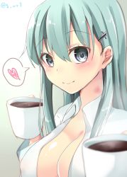 Rule 34 | 10s, 1girl, aqua hair, bad id, bad pixiv id, blue eyes, blush, breasts, cleavage, coffee, cup, covered erect nipples, hair ornament, hairclip, heart, hickey, kantai collection, large breasts, long hair, looking at viewer, navy (navy.blue), open clothes, smile, solo, spoken heart, suzuya (kancolle), twitter username, upper body