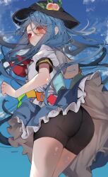 Rule 34 | 1girl, absurdres, ass, bike shorts under skirt, black hat, black shorts, blue hair, blue skirt, blush, closed mouth, cowboy shot, frilled skirt, frills, fruit hat ornament, hat, hat ornament, highres, hinanawi tenshi, long hair, outdoors, peach hat ornament, puffy short sleeves, puffy sleeves, rainbow order, red eyes, shirt, short sleeves, shorts, skirt, solo, standing, touhou, tsune (tune), white shirt