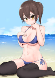 Rule 34 | 1girl, absurdres, alternate costume, beach, bikini, black thighhighs, blue bikini, blue sky, blush, breasts, brown eyes, brown hair, cleavage, cloud, commentary request, day, embarrassed, finger to mouth, full body, hair between eyes, halterneck, highres, kaga (kancolle), kantai collection, kirikan (cokekiri), large breasts, long hair, looking at viewer, navel, outdoors, parted bangs, sand, short hair, side-tie bikini bottom, side ponytail, sitting, sky, solo, string bikini, swimsuit, thighhighs, wariza, water, wet