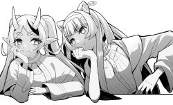 Rule 34 | 2girls, absurdres, animal ear fluff, animal ear piercing, animal ears, blush, breasts, capelet, cleavage, cloak, commentary request, cosplay, cropped shirt, elbows on table, eye contact, fern (sousou no frieren), fern (sousou no frieren) (cosplay), frieren, frieren (cosplay), frilled shirt collar, frills, greyscale, hand on own cheek, hand on own face, head rest, highres, hikimayu, horns, lion ears, long hair, long sleeves, looking at another, medium breasts, mole, mole under mouth, monochrome, multicolored hair, multiple girls, nijisanji, noripro, open cloak, open clothes, pointy ears, regrush lionheart, rindou mikoto, shourai, sideless shirt, sideways glance, simple background, skin-covered horns, small breasts, sousou no frieren, streaked hair, thick eyebrows, virtual youtuber, white background