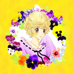 Rule 34 | 1girl, black ribbon, blonde hair, blush, commentary request, earrings, flower, goldenhoney, jewelry, long sleeves, looking at viewer, neck ribbon, purple shirt, ribbon, shirt, short hair, sidelocks, smile, solo, sparkle, sugar sugar rune, upper body, vanilla mieux, violet (flower), yellow background