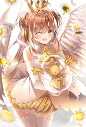 Rule 34 | 1girl, ;d, antenna hair, bad id, bad pixiv id, brown eyes, brown hair, cardcaptor sakura, cowboy shot, crown, daisy, elbow gloves, feathered wings, flower, gloves, hair between eyes, kero (cardcaptor sakura), kinomoto sakura, lium, long hair, looking at viewer, one eye closed, open mouth, puffy shorts, shirt, short shorts, shorts, sleeveless, sleeveless shirt, smile, solo, sparkle, thighhighs, two side up, white gloves, white shirt, white thighhighs, white wings, wings, yellow shorts, zettai ryouiki