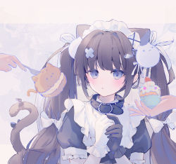 Rule 34 | 1girl, 2others, animal ears, asymmetrical gloves, belt buckle, black collar, black dress, black gloves, black hair, blue eyes, blush, bow, buckle, cat ears, cat girl, cat hair ornament, cat tail, collar, commentary request, cream puff, cupcake, dress, food, fork, gloves, hair bow, hair ornament, holding, holding food, holding fork, long hair, maid, maid headdress, mismatched gloves, multiple others, original, parted lips, puffy short sleeves, puffy sleeves, short sleeves, suzumori uina, tail, tail raised, twintails, upper body, very long hair, white bow, white gloves, x hair ornament, x x