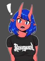 Rule 34 | !, 1girl, black shirt, blue eyes, blue hair, blush, breasts, cinna (taggo), colored skin, eyebrows, female focus, grey background, highres, horns, looking at viewer, medium breasts, open mouth, original, pointy ears, red skin, shirt, short hair, short sleeves, simple background, solo, t-shirt, taggo, teeth, tongue, upper body