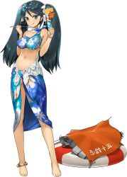Rule 34 | 1girl, anchor symbol, anklet, asymmetrical clothes, barefoot, bikini, blue bikini, blue eyes, blue hair, blush, breasts, character name, floral print, food, fruit, full body, hair ribbon, holding, holding spoon, ice cream, isuzu (kancolle), jewelry, kantai collection, kuuro kuro, large breasts, lifebuoy, long hair, looking at viewer, navel, official art, parfait, ribbon, sarong, single-shoulder bikini, single strap, smile, solo, spoon, sundae, swim ring, swimsuit, tongue, tongue out, transparent background, twintails, w arms, wafer, white ribbon