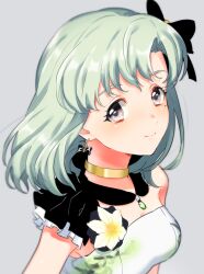 Rule 34 | 1girl, black collar, black ribbon, blush, bow, breasts, cleavage, closed mouth, collar, corsage, detached collar, dot nose, dress, earrings, gold choker, green hair, grey background, grey eyes, hair bow, hair ribbon, idolmaster, idolmaster (classic), idolmaster starlit season, idolmaster stella stage, jewelry, looking at viewer, medium breasts, mole, mole under eye, portrait, ribbon, shiika (idolmaster), shiman, short hair, simple background, single bare shoulder, smile, solo, strapless, strapless dress, white dress