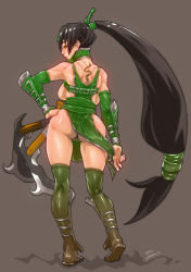 Rule 34 | 1girl, akali, akali (legacy), armor, ass, backboob, black hair, breasts, detached sleeves, female focus, from behind, greaves, green thighhighs, kama (weapon), kneepits, large breasts, league of legends, long hair, low-tied long hair, narrow waist, ponytail, romehamu, sandals, sickle, solo, tattoo, thighhighs, thong, vambraces, very long hair, wide hips