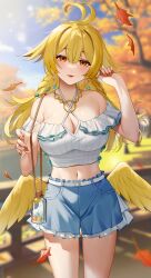 Rule 34 | 1girl, absurdres, ahoge, armpit crease, autumn, autumn leaves, bare shoulders, belt, blonde hair, blue shorts, blurry, blurry background, blush, bottle, braid, breasts, buckle, cleavage, commentary, cowboy shot, criss-cross halter, crop top, day, depth of field, drop earrings, earrings, falling leaves, fang, fingernails, floating hair, frilled shirt, frilled shorts, frills, hair flaps, halterneck, hand up, hibiki (vtuber), highres, illian-san, jewelry, large breasts, leaf, long fingernails, long hair, low wings, meridian project, midriff, nail polish, navel, necklace, off-shoulder shirt, off shoulder, orange eyes, outdoors, parted lips, red nails, ribbed shirt, shirt, short shorts, shorts, sidelocks, smile, solo, stomach, symbol-only commentary, thighs, tree, twin braids, virtual youtuber, white belt, white shirt, wings, yellow wings