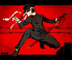 Rule 34 | 1boy, artist name, bandages, belt buckle, black footwear, black hair, black hat, black pants, blood, blood on face, buckle, buttons, full body, gakuran, gloves, hat, highres, holding, holding sword, holding weapon, kamezaemon, katana, legs apart, letterboxed, loafers, long sleeves, looking away, looking to the side, male focus, original, pants, peaked cap, red background, red gloves, room number 404, school uniform, sheath, shoes, simple background, solo, sword, takamura kyousuke, torn clothes, torn pants, unsheathing, weapon