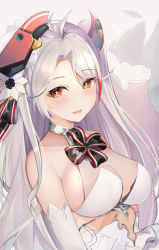Rule 34 | 1girl, antenna hair, artist request, azur lane, bare shoulders, blue gemstone, blush, breasts, bridal gauntlets, bridal veil, cleavage, collarbone, cross, dress, elbow gloves, gem, gloves, headgear, highres, iron cross, large breasts, long hair, looking at viewer, mole, mole on breast, multicolored hair, open mouth, orange eyes, prinz eugen (azur lane), prinz eugen (symphonic fate) (azur lane), see-through, sideboob, sleeveless, sleeveless dress, smile, solo, streaked hair, veil, wedding dress, white dress, white hair