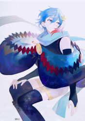 Rule 34 | 1boy, absurdres, androgynous, beileimao, blue eyes, blue hair, blue scarf, blue thighhighs, elbow gloves, gloves, hair ornament, highres, invisible chair, jewelry, kaito (vocaloid), looking back, male focus, pale skin, poncho, ring, scarf, shirt, short hair, shorts, signature, sitting, sleeveless, sleeveless shirt, solo, star (symbol), star hair ornament, star print, thighhighs, vocaloid, white background, white shorts