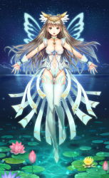Rule 34 | 1girl, breasts, choker, cleavage, clothing cutout, cloud, crown, flower, green eyes, groin, highres, lily pad, long hair, md5 mismatch, medium breasts, navel, navel cutout, night, ocean, open mouth, original, outstretched arms, resolution mismatch, sky, solo, source larger, star (symbol), thigh gap, thighhighs, very long hair, water, white thighhighs, wings, wrist cuffs, youbou
