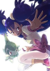 Rule 34 | 1girl, axew, big hair, blush, bow, breasts, brown eyes, commentary, creatures (company), dark-skinned female, dark skin, eyelashes, floating hair, game freak, gen 5 pokemon, gym leader, highres, holding, holding poke ball, iris (pokemon), long hair, looking back, mato., nintendo, open mouth, poke ball, poke ball (basic), pokemon, pokemon (creature), pokemon bw, purple footwear, purple hair, shoes, smile, spread fingers, teeth, tongue, two side up, upper teeth only, very long hair