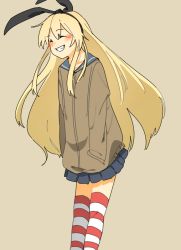 Rule 34 | 10s, 1girl, alternate costume, blonde hair, blush, closed eyes, hairband, hands in pockets, jacket, kantai collection, long hair, pleated skirt, senzaki, shimakaze (kancolle), simple background, skirt, smile, solo, striped clothes, striped thighhighs, thighhighs