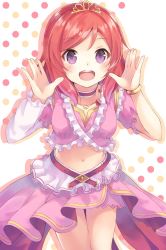 Rule 34 | 1girl, artist name, artist request, bare legs, belt, blush, bracelet, breasts, collarbone, dress, female focus, frilled dress, frills, hair between eyes, highres, jewelry, looking at viewer, love live!, love live! school idol project, midriff, music s.t.a.r.t!!, navel, necklace, nishikino maki, pink belt, pink detached collar, pink dress, pink skirt, puffy short sleeves, puffy sleeves, purple eyes, red hair, scrunchie, short hair, short sleeves, single sleeve, skirt, smile, solo, swept bangs, tiara, white detached collar, white skirt, yellow bracelet, yellow scrunchie