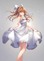 Rule 34 | 1girl, bare arms, bare shoulders, blush, bow, breasts, brown hair, commentary request, dress, frilled dress, frills, granblue fantasy, grey background, hair between eyes, hair bow, highres, medium breasts, parted lips, red eyes, skirt hold, sleeveless, sleeveless dress, solo, vira (granblue fantasy), white bow, white dress, ym (distance819)