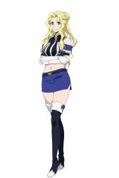 Rule 34 | 10s, 1girl, absurdres, belt, black footwear, blonde hair, blue skirt, boots, crop top, crossed arms, elbow gloves, full body, gloves, grancrest senki, high heel boots, high heels, highres, laura hardly, long hair, looking at viewer, miniskirt, navel, pencil skirt, simple background, skirt, smile, solo, standing, stomach, thigh boots, thighhighs, white background, white gloves