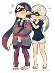 Rule 34 | + +, 2girls, :&gt;, absurdres, alternate costume, alternate hairstyle, annoyed, barefoot, black hair, blush, breasts, breath, callie (splatoon), closed eyes, closed mouth, comforting, frown, full body, gradient hair, green hair, hands on another&#039;s shoulders, highres, inkling, long hair, looking at another, marie (splatoon), medium breasts, mole, mole under eye, multicolored hair, multiple girls, nintendo, pants, pointy ears, pout, puchiman, purple hair, shirt, short hair, shorts, silver hair, simple background, smile, splatoon (series), splatoon 1, standing, sweatdrop, symbol-shaped pupils, t-shirt, teardrop, tearing up, tentacle hair, tentacles, track pants, white background