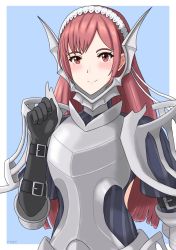 Rule 34 | 1girl, armor, armored dress, artist name, black gloves, blue background, blue dress, border, breastplate, cherche (fire emblem), commentary, dress, fire emblem, fire emblem awakening, gloves, hairband, hand up, long hair, looking at viewer, miven, nintendo, outside border, pink hair, red eyes, short sleeves, shoulder armor, signature, smile, solo, upper body, very long hair, white border, white hairband