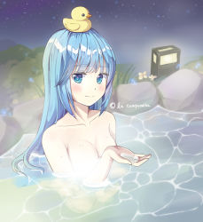Rule 34 | 1girl, bathing, blue eyes, blue hair, blush, breasts, cleavage, collarbone, convenient censoring, la campanella, long hair, looking at viewer, medium breasts, night, night sky, nude, onsen, original, outdoors, partially submerged, sky, smile, solo, star (sky), starry sky, steam, steam censor, water