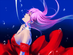 Rule 34 | 1girl, air bubble, alternate costume, armband, asphyxiation, bare shoulders, breasts, breath, bubble, blowing bubbles, choker, cleavage, detached sleeves, dress, drowning, female focus, floating hair, from side, gradient background, large breasts, long hair, looking up, megurine luka, nijiri fumi, open mouth, piapro, pink hair, red dress, ribbon, ribbon choker, sideboob, solo, strangling, strapless, strapless dress, underwater, upper body, vocaloid, water, wet, wet clothes