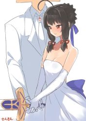 Rule 34 | 1boy, 1girl, admiral (kancolle), ahoge, alternate costume, alternate hairstyle, antenna hair, artist name, artoria pendragon (all), artoria pendragon (fate), bare shoulders, black hair, blush, braid, breasts, bride, cleavage, command spell, cosplay, dress, elbow gloves, excalibur (fate/stay night), fate (series), formal, french braid, gloves, hair ornament, hair ribbon, hair up, holding, holding hands, holding weapon, isokaze (kancolle), kantai collection, kawasumi ayako, long hair, necktie, red eyes, ribbon, saber (fate), saber (fate) (cosplay), sensen, simple background, small breasts, smile, strapless, strapless dress, suit, sword, t-head admiral, tress ribbon, voice actor connection, weapon, wedding dress, white background, white gloves, white suit