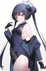 Rule 34 | 1girl, absurdres, ass, black dress, black gloves, black hair, blue archive, breasts, butterfly hair ornament, china dress, chinese clothes, coat, cowboy shot, double bun, dragon print, dress, gloves, grey coat, grey eyes, grey halo, hair bun, hair ornament, halo, highres, kisaki (blue archive), long hair, long sleeves, sideboob, simple background, small breasts, solo, striped coat, twintails, twisted torso, usagi (786113654), vertical-striped coat, white background