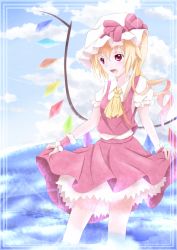 Rule 34 | 1girl, ascot, bad id, bad pixiv id, blonde hair, bow, cloud, crystal, curtsey, day, female focus, flandre scarlet, hat, hat bow, noala, open mouth, puffy sleeves, red eyes, short hair, short sleeves, side ponytail, sky, solo, standing, touhou, wings, wrist cuffs
