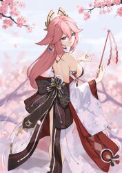 Rule 34 | 1girl, absurdres, animal ears, artist name, back, backless outfit, bare back, bare shoulders, breasts, cherry blossoms, detached sleeves, earrings, feet out of frame, floppy ears, fox ears, fox shadow puppet, from above, from behind, full body, genshin impact, gohei, hair between eyes, highres, holding, holding gohei, japanese clothes, jewelry, large breasts, long hair, looking at viewer, looking back, massoukei, median furrow, nontraditional miko, parted lips, pink hair, purple eyes, reflection, reflective water, sideboob, sidelocks, solo, water, wide sleeves, yae miko