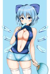Rule 34 | 1girl, absurdres, alternate breast size, alternate costume, bare shoulders, blue background, blue bow, blue one-piece swimsuit, blue skirt, bow, breasts, cameltoe, casual one-piece swimsuit, center opening, cirno, cleavage, cowboy shot, detached wings, elbow gloves, food, gloves, gluteal fold, hair between eyes, hair bow, hand fan, highres, holding, holding fan, holding food, ice, ice wings, isshin (sasayamakids), large breasts, miniskirt, navel, one-piece swimsuit, paper fan, parted lips, popsicle, short hair, simple background, skindentation, skirt, solo, sweat, swimsuit, thighhighs, touhou, uchiwa, white thighhighs, wings