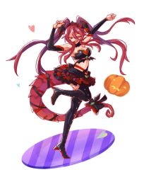 Rule 34 | 1girl, bare shoulders, black choker, blush, breasts, choker, cleavage, dragalia lost, dragon, dragon girl, dragon horns, dragon tail, fang, full body, fur choker, halloween, halloween costume, heart, highres, horns, jack-o&#039;-lantern, large breasts, mym (dragalia lost), one eye closed, open mouth, orange eyes, pumpkin, red hair, silou b, simple background, smile, solo, tail, tiara, twintails